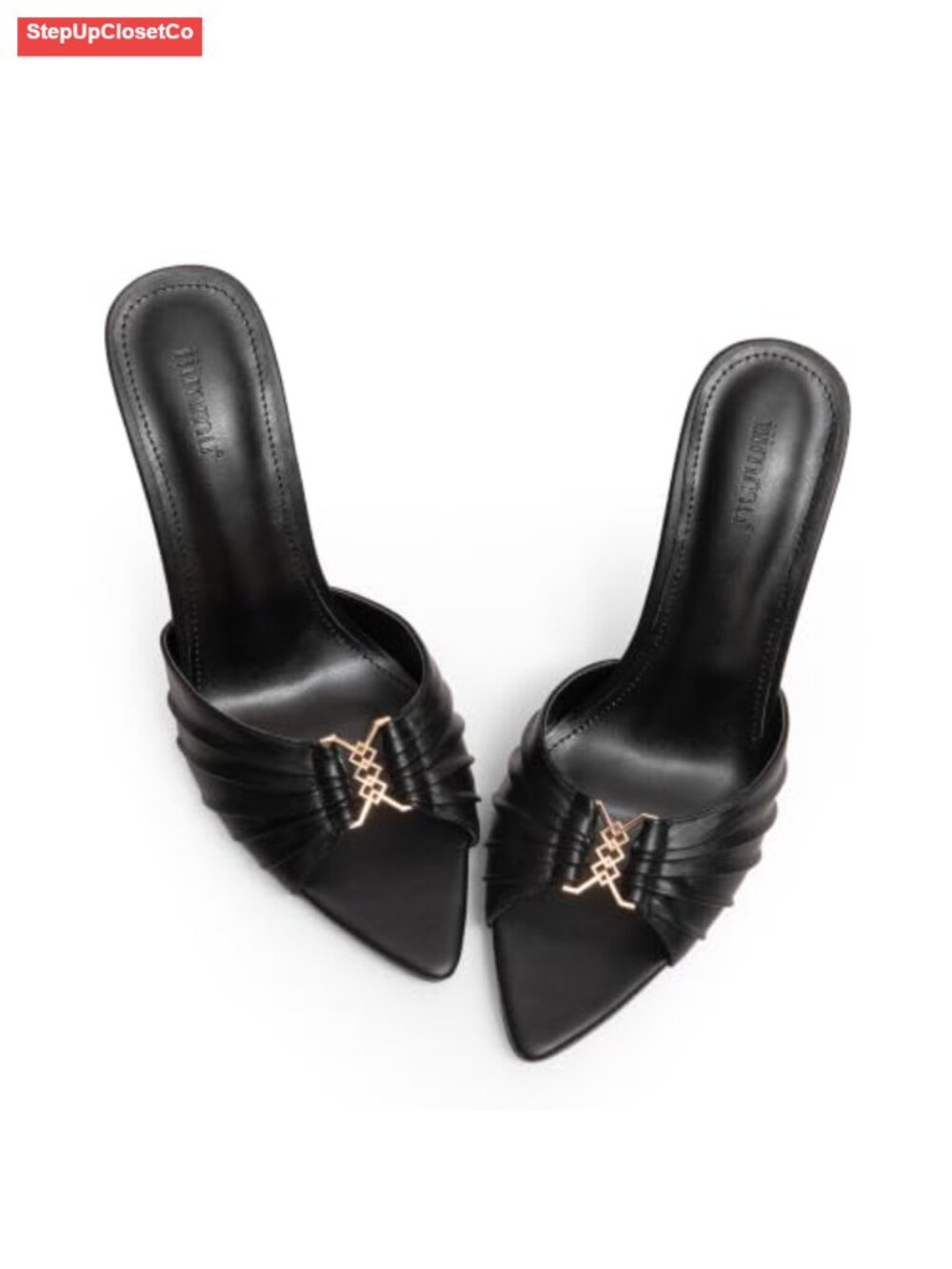 3.5" Stiletto Mule Heels with Gold Accents, Pointed Peep Toe